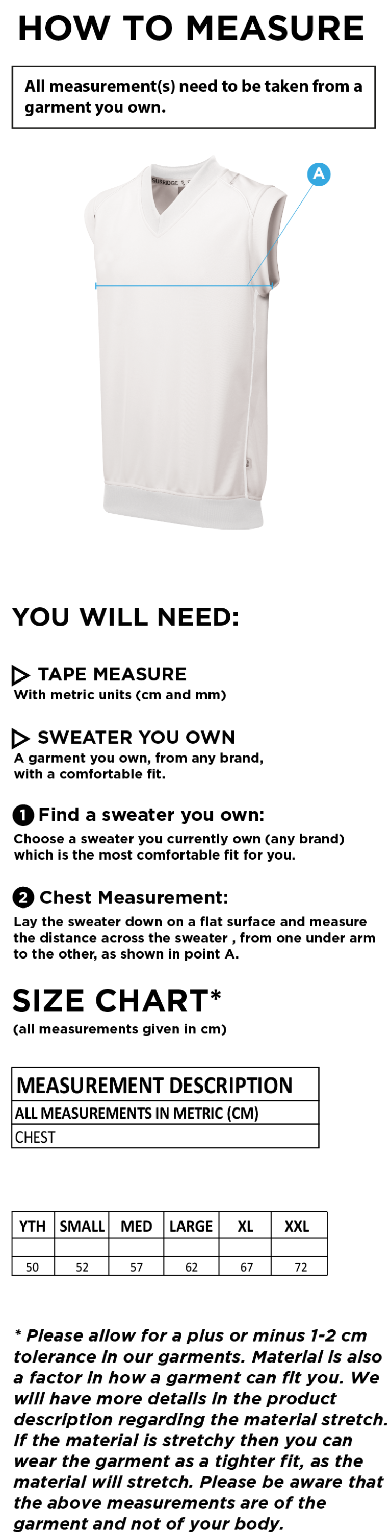 Old Rutlishians CC - Curve Sleeveless Sweater - Size Guide