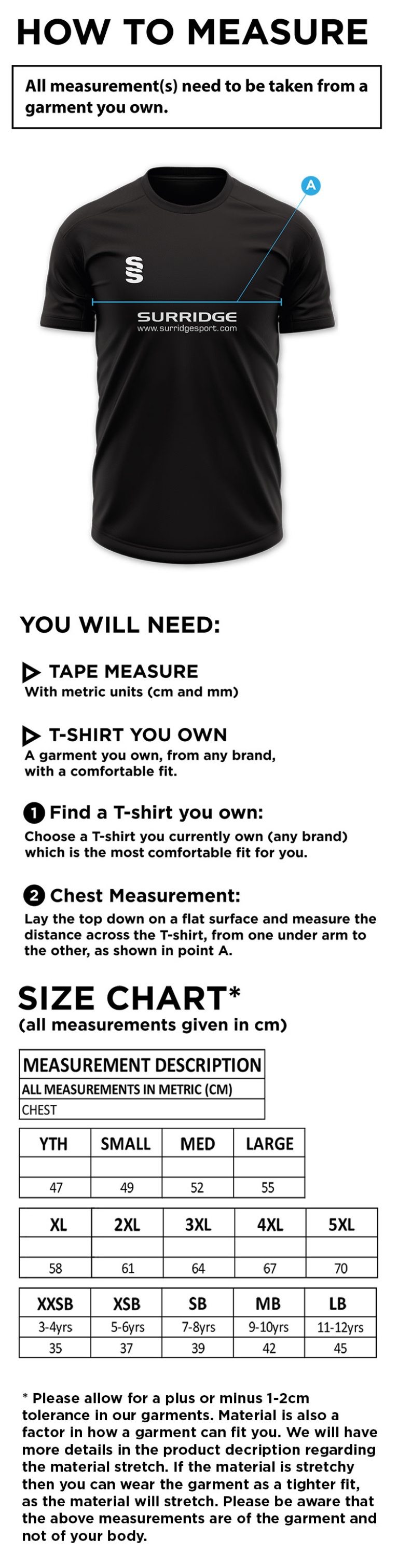 Old Rutlishians CC - Dual T-Shirt - Size Guide